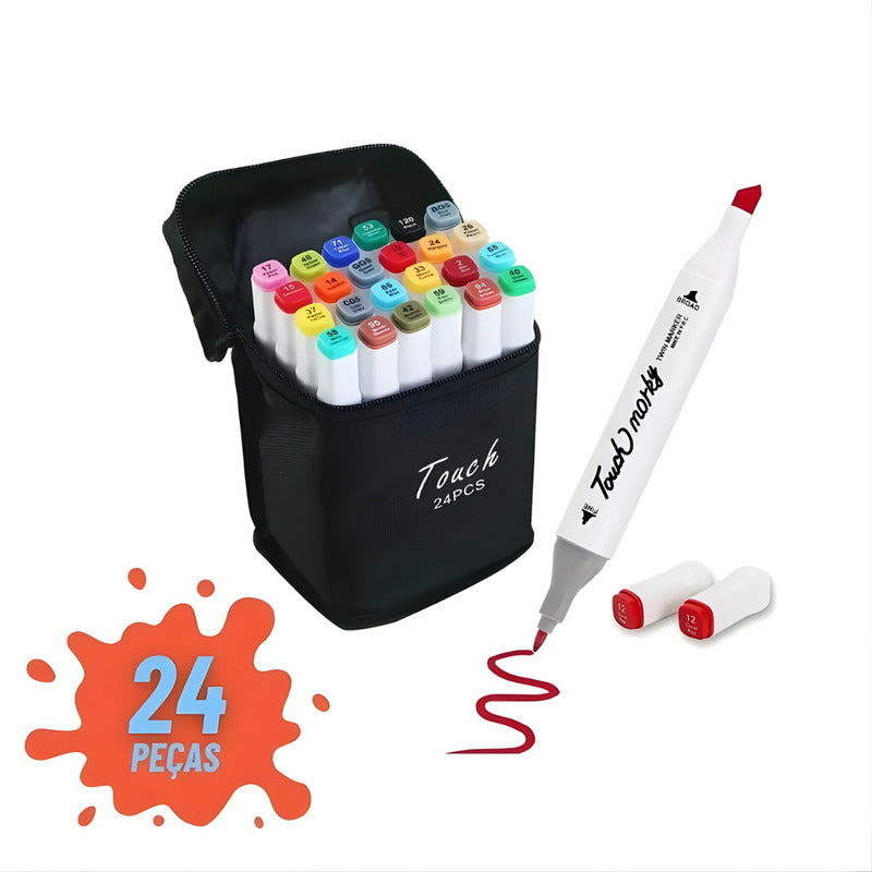 Kit Canetinhas Marcadores 24 Peças Cores Fortes Ponta Dupla